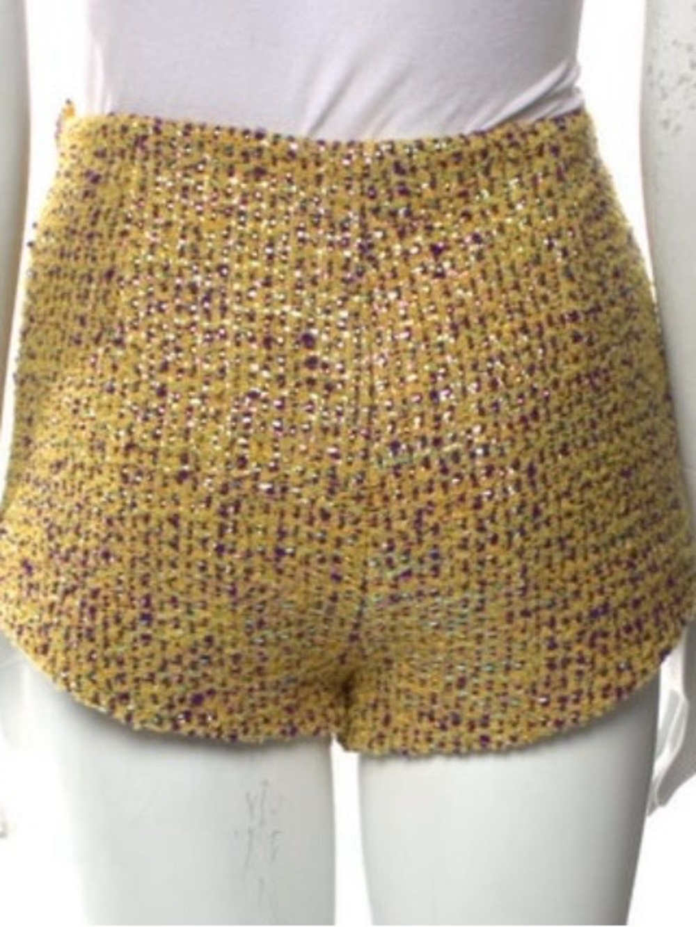 AREA Yellow Tweed High-Waist Shorts with Multicolor Trim - Picture 4 of 5